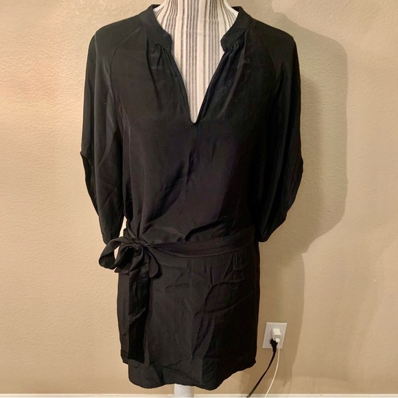 100% Silk Mini Dress Small Viereck Black Flowy V-Neck Tie Belt Short Sleeves - Picture 3 of 16